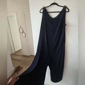 Sleeveless Navy Jumpsuit With Pockets- Casual Wide-Leg
